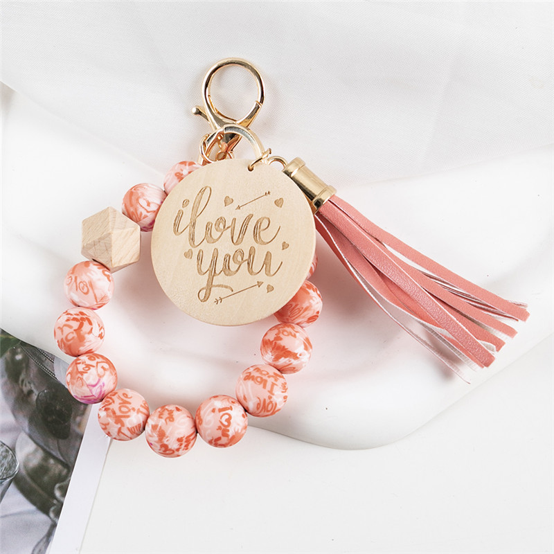 Moda Heart Flower Silicon Beads Tassel Keychain Letter Wood Letra de Bracelete de Disco de Madeira Chavejando para Mulheres Presentes de Joias de Meninas