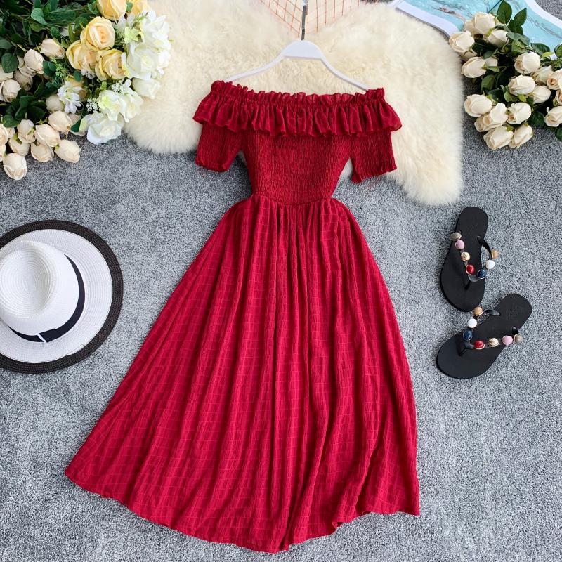 Women Summer Dresses Plaid Slash Neck Shouder Solid Vestidos 2023 Ruffles A-line High Waist Dress Robe Femme