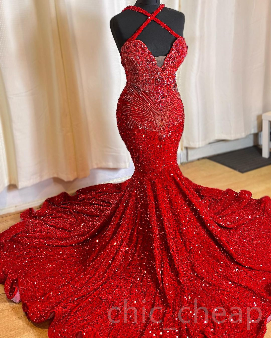 2023 Arabische Aso Ebi Red Mermaid Prom jurk kristallen kralen sexy avond formeel feest tweede receptie verjaardag verlovingsjurken jurken robe de soiree zj2488