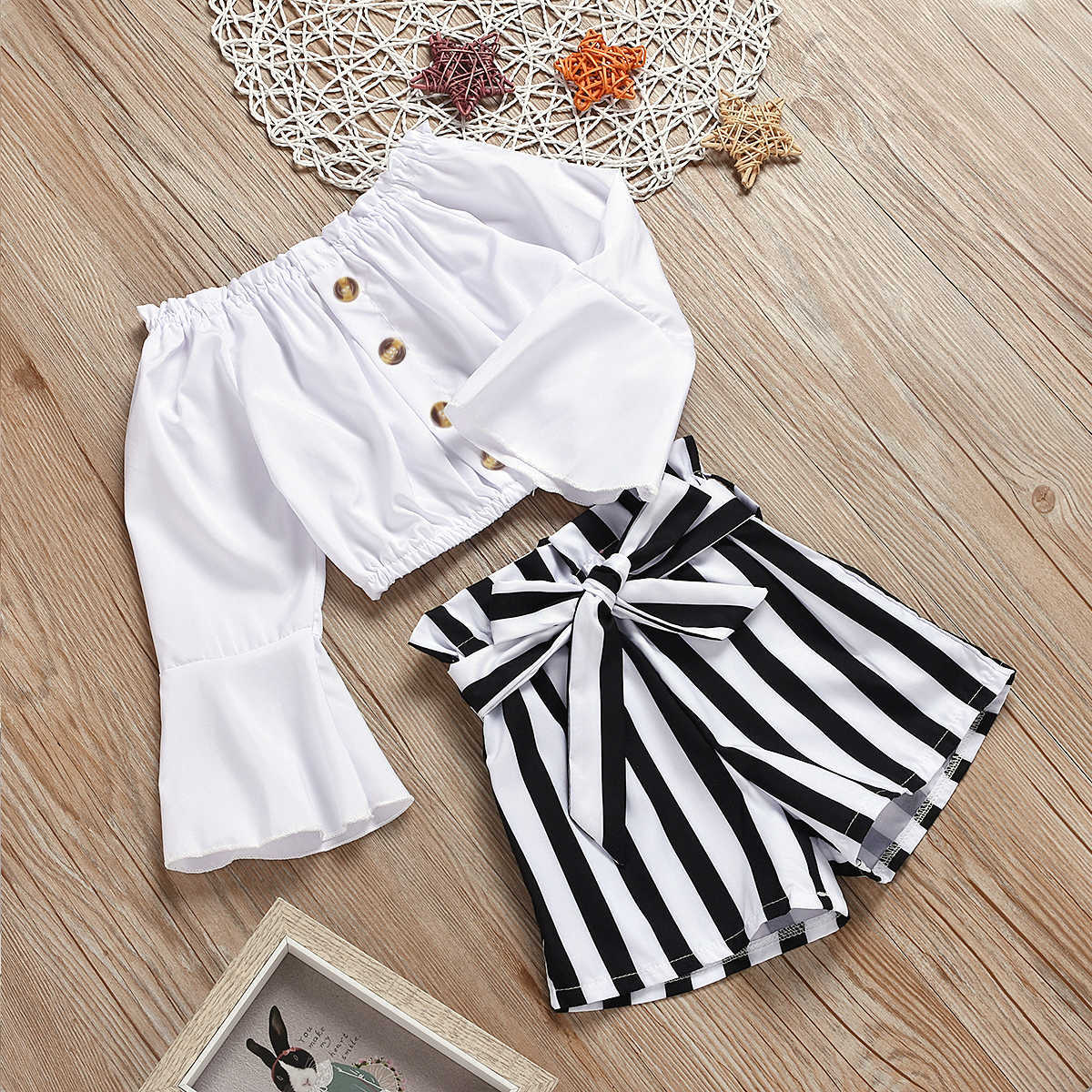 Summer Kids Girls Ubrania Zestaw Flare Long Rleeve Off Rame Crop Elastic Tops Striped Short Spit Baby Outfit Dzieci A432