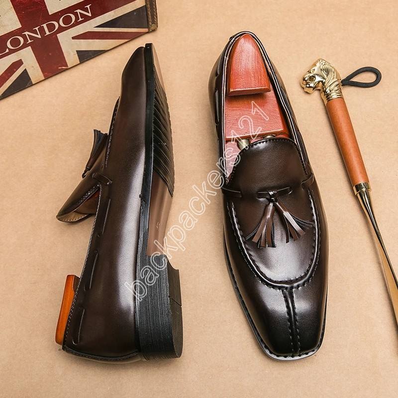 New Men Dress Shoes Loafers Brown Square Toe Tassels Slip-On Business Wedding Mens Shoes Handmade