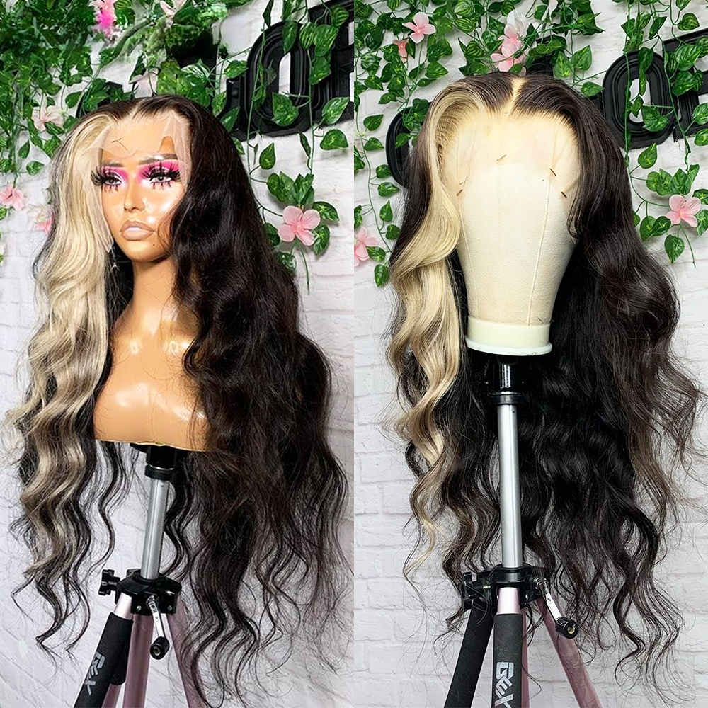 Platinum Blonde Highlight Lace Front Human Hair Wigs Body Wave Colored Wig Loose Deep Wave Transparent Synthetic Lace Frontal Wig