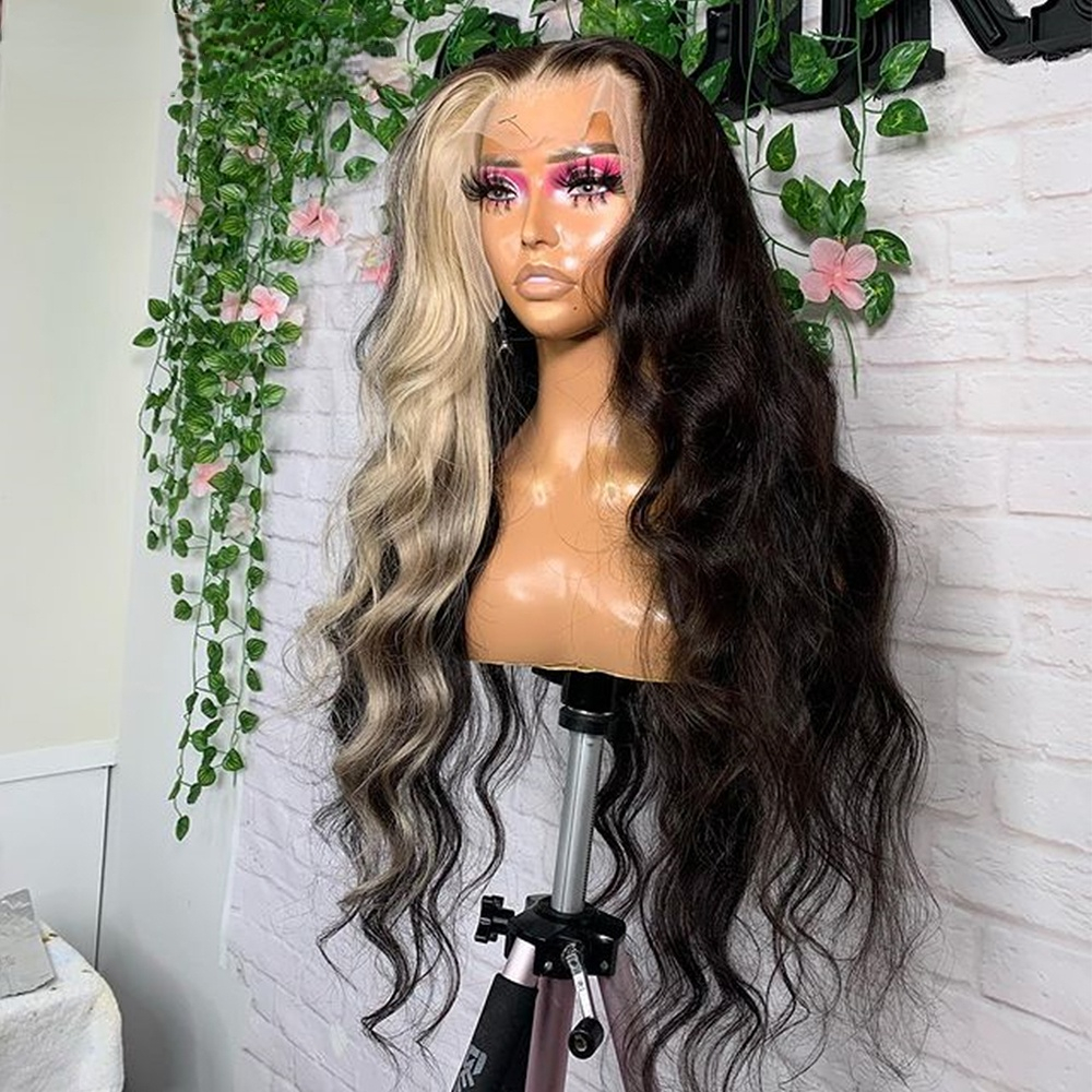 Platinum Blonde Highlight Lace Front Human Hair Wigs Body Wave Colored Wig Loose Deep Wave Transparent Synthetic Lace Frontal Wig