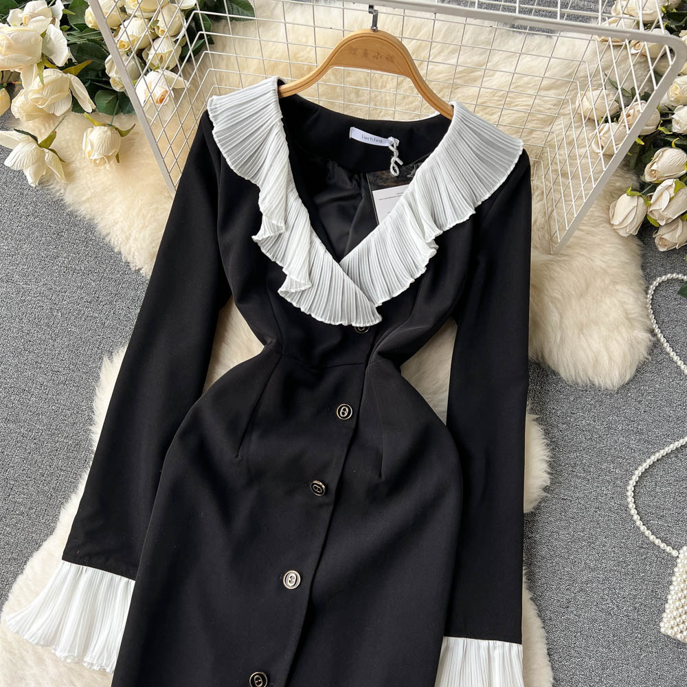 New Casual Dresses Vintage Spring Autumn Solid Slim Full Button Lady Dress A Line V Neck Chiffon Pullover Mid-Calf Women Dresses2023