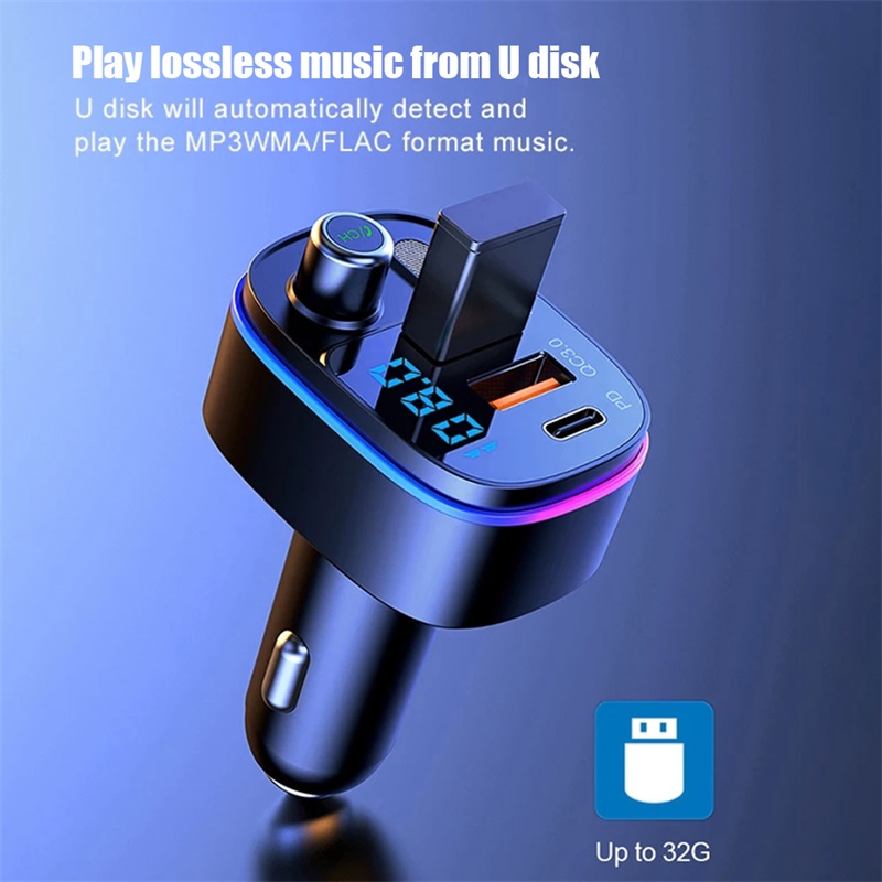 Actualización T65 Transmisor FM para automóvil Fuente de alimentación Meanwell Compatible con Bluetooth 5.0 Reproductor Mp3 manos libres PD Tipo C Qc3.0 USB Carga rápida Accesorios de luz colorida