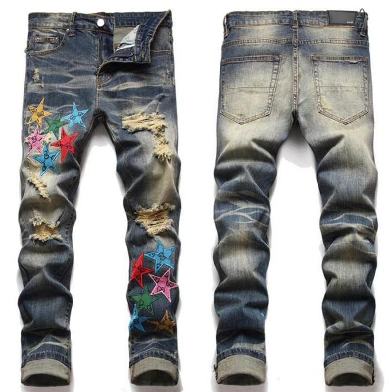 Europese trend Jean Letter Star Jean Men Embroidery patchwork gescheurde jeans trend merk motorfiets pant heren skinny jeans