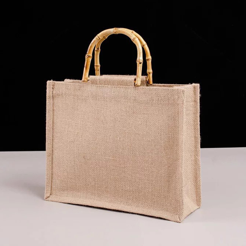 Shopping Bags Portable Burlap Jute Handbag Bamboo Loop Handles Tote Retro Women Big Size Beach For 230331