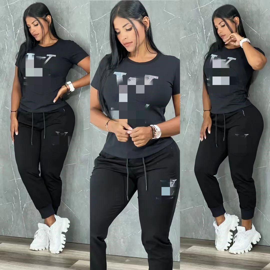 2023 Tracksuits Womens Two Piece Pants Casual Sequins T-shirt and Trousers Set Summer Outfits Free Ship