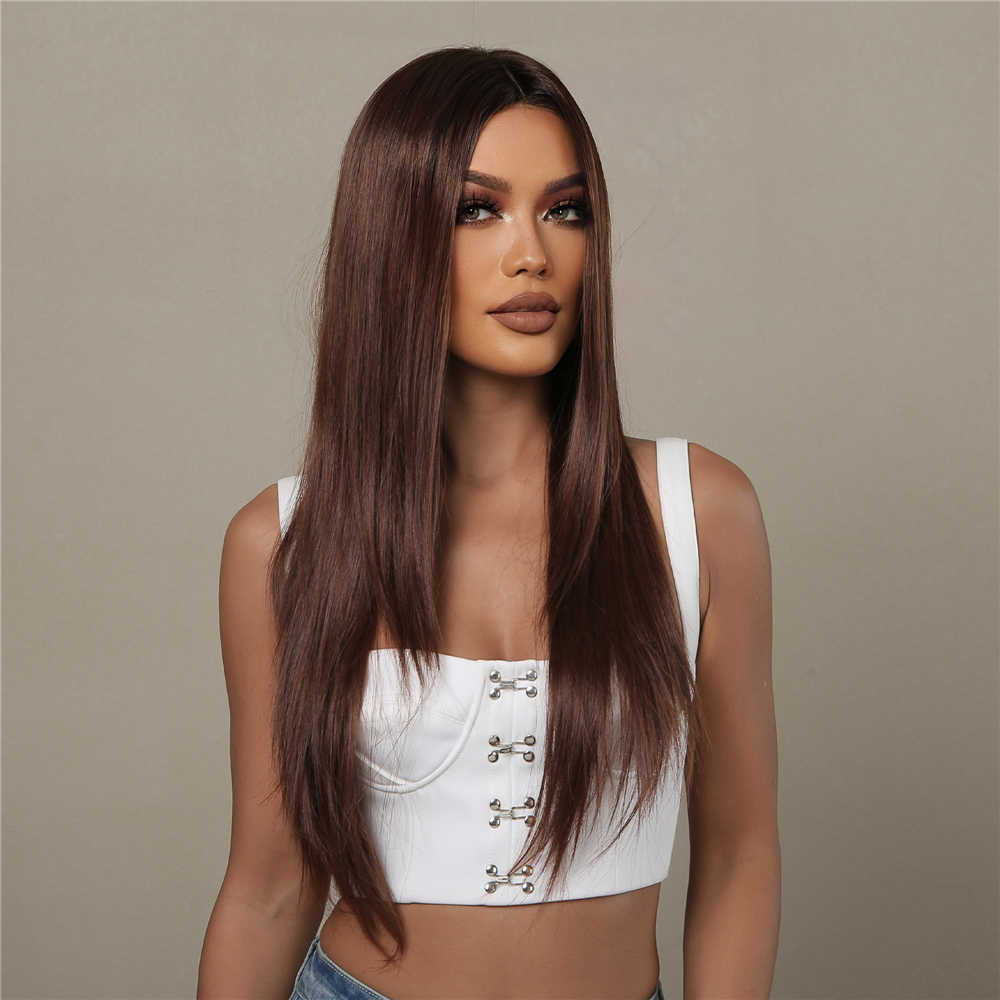 Синтетические парики Easihair Long Brown Lace Front Synthetic Wigs Natural Straight T для женщин высокая плотность теплостойкость 230227