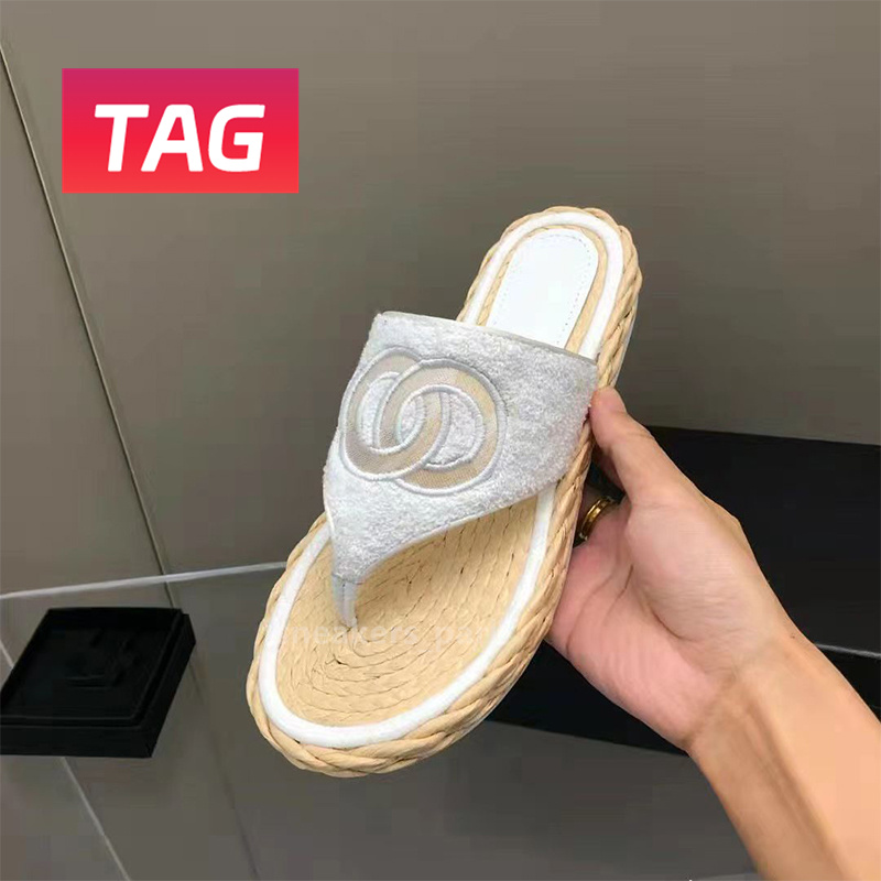 Embroidered Interlocking women Slippers Espadrilles Thong Slide Sandals white pink black Women girl Vintage Flip Flops Straw Fabric Mule luxury shoes flats