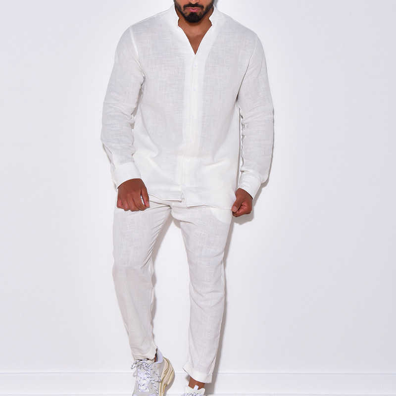 Herrespår White Beige Black Linen Spring Summer Casual Suit Pants Set Long Sleeve Cargo Wear Top Shirt Designer Man Clothing Set W0322