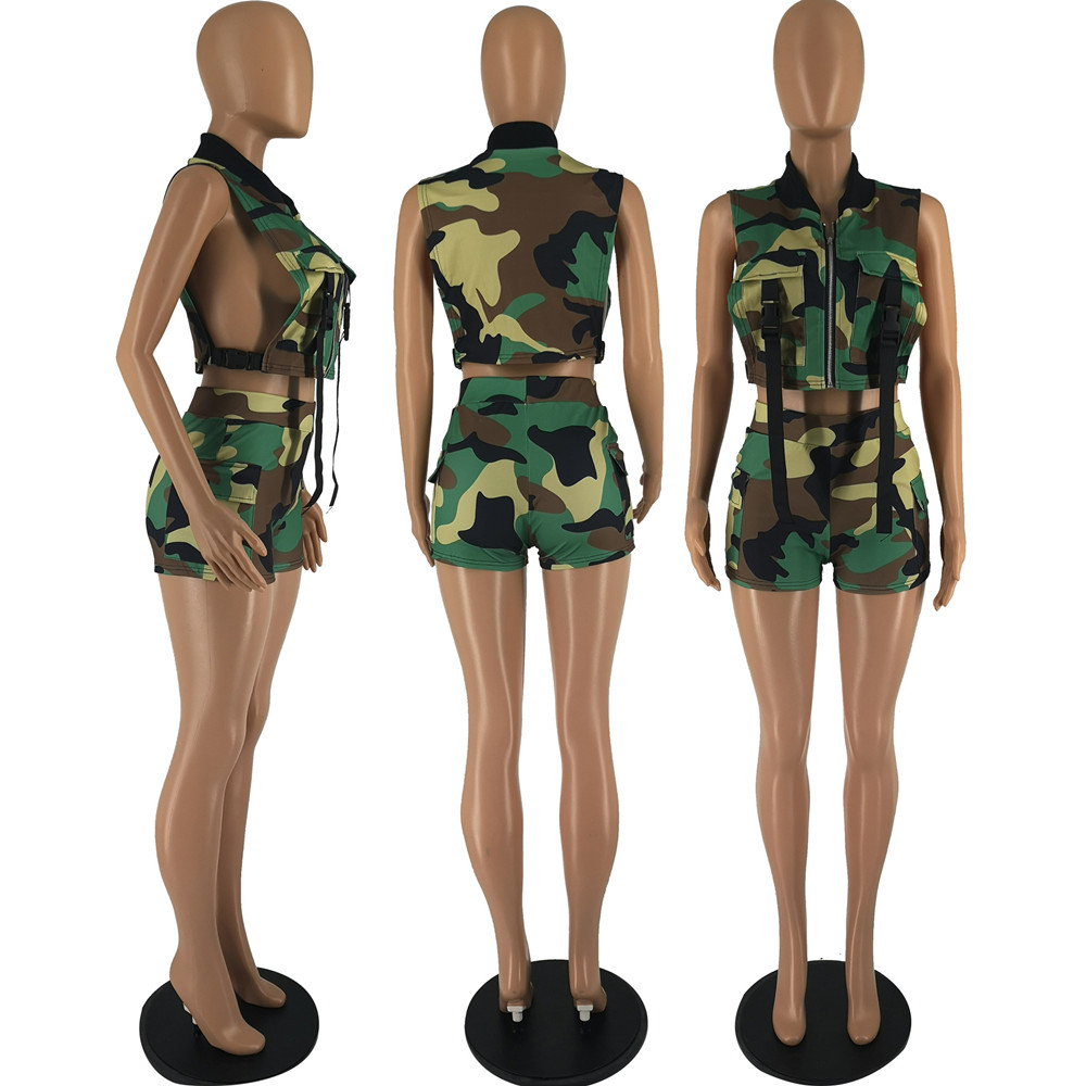 Roupas femininas de verão camufladas roupas femininas conjunto de duas peças sexy regata aberta lateral e shorts estampados moletons camuflagem roupas esportivas roupas por atacado 9634