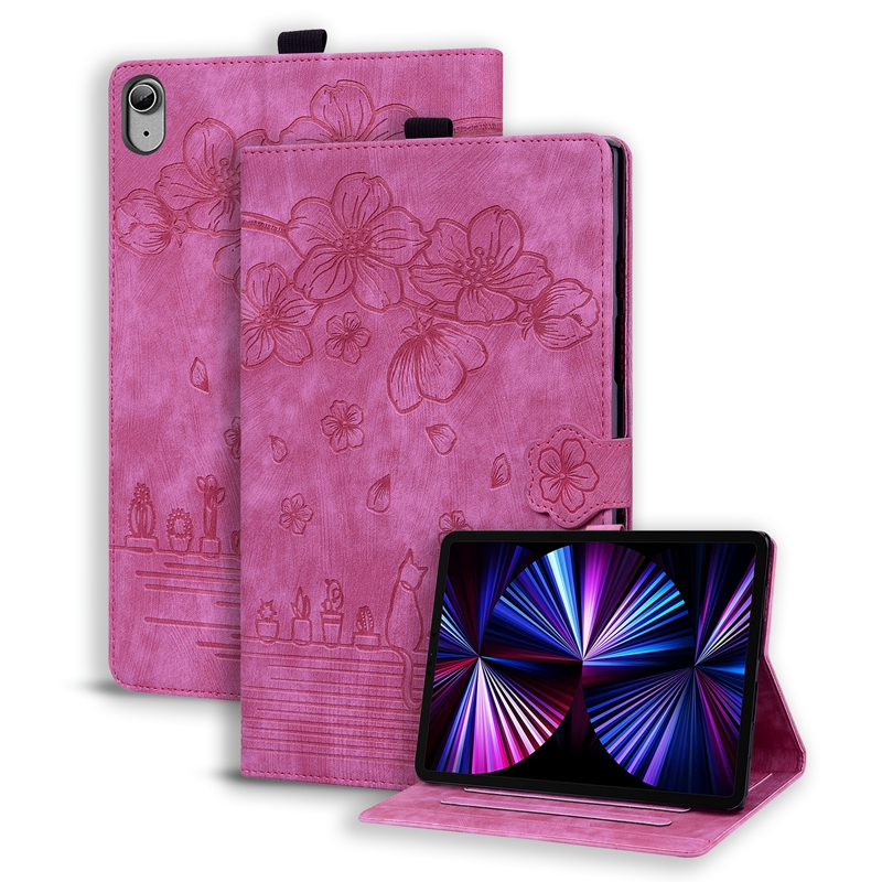 iPad 5 6 7 8 9 9.7inch 10.2 Air 10.5 Pro 11 Air5 ​​10 10.9 2022 Fashion Sakura Flower Leather Retro Print Cherry Cat Holder Flip Cover Card Slot Pouch