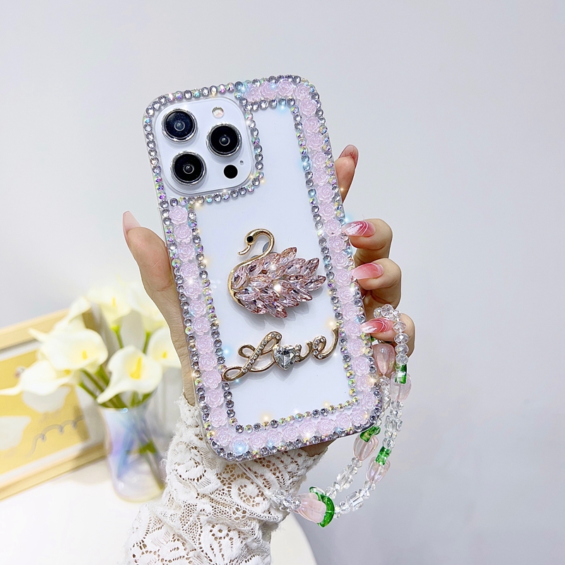 3D Swan Bling Rhinestone Cases for iPhone 14 Pro Max 13 12 11 X XR XS 8 7 Plus Fashion Sloy Sweat Tpu Flower Love Lady Lady Girls Women Women Back Cover Skin Strap