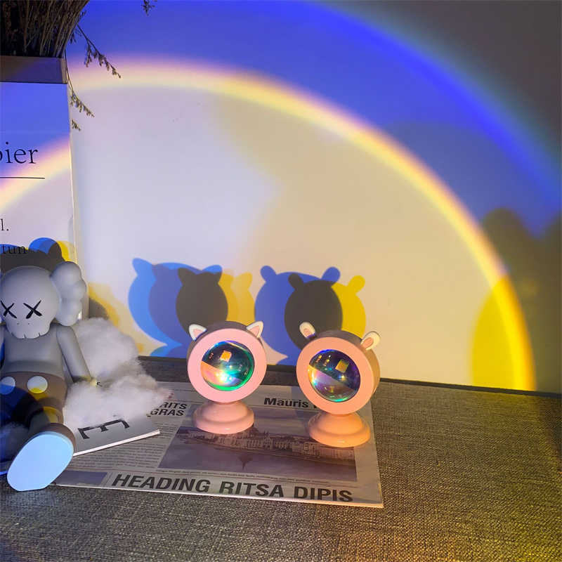 Nattljus mini söt katt/kaninöron mini solnedgång ljus USB -projektion Rainbow Atmosphere Night Light Projector Photography P230331