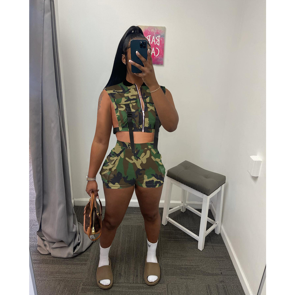 Bulk Wholesale Women Clothes Tracksuits Set Camouflage Sleeveless Tank Tops Pocket Shorts Two Piece Set Tracksuits Outfits 9634