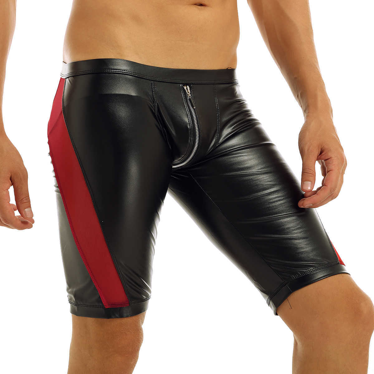 Men's Shorts Black Punk Sexy Clubwear Mens Soft Faux Leather Zipper Crotch Mesh Splice Jockstraps Pouch Low Rise Slim Fit Tight Boxer Shorts W0327