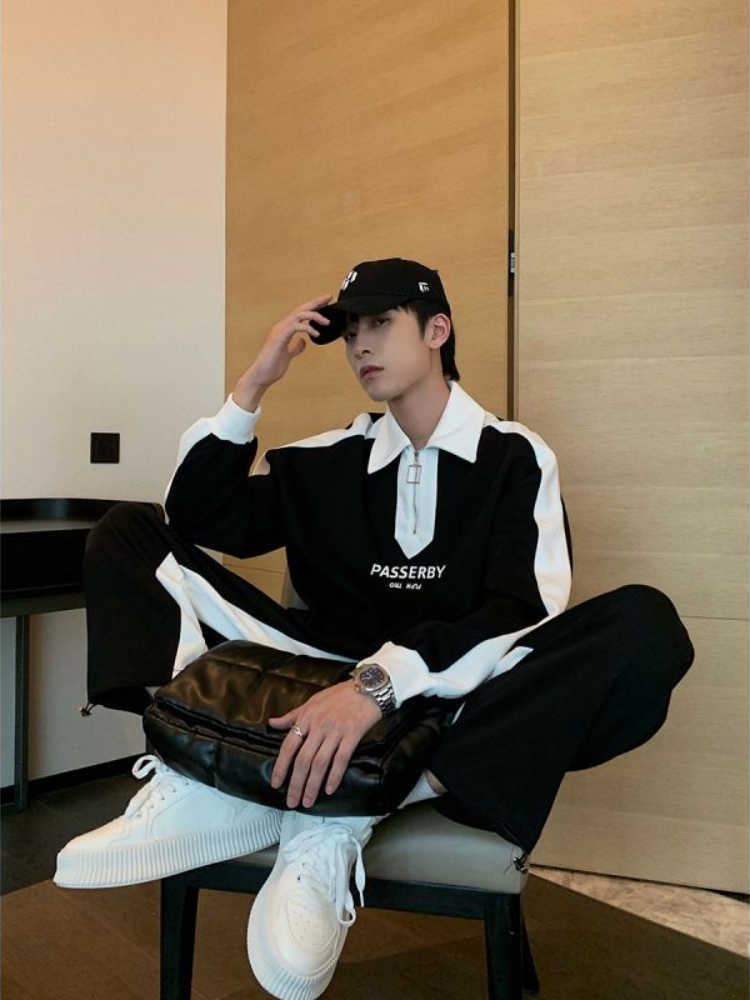 Herrspårsperioder Juspinice Spring och Autumn Colorblocking Casual Sports Suit Men's Korean Style Trendy Fashion Loose Sweatshirt Men Clothing Y2K W0322