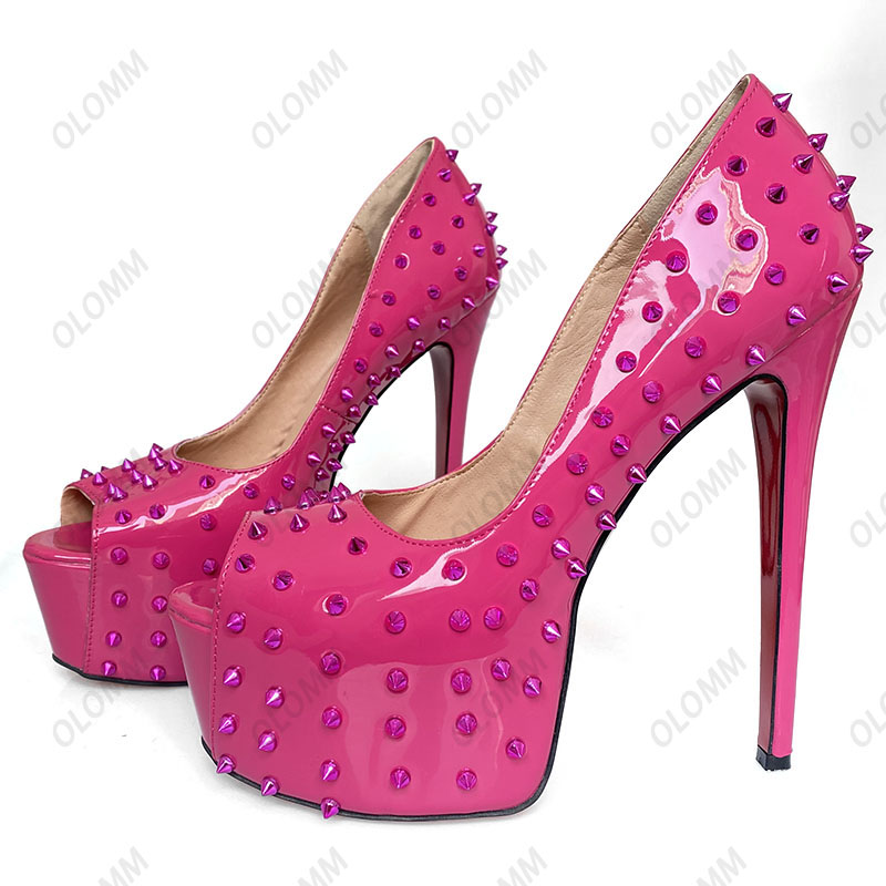 Olomm New Women Platform Shiny Studded Pumpar Stiletto klackar pumpar Peep Toe Gorgeous Party Shoes Women Plus US Size 5-20