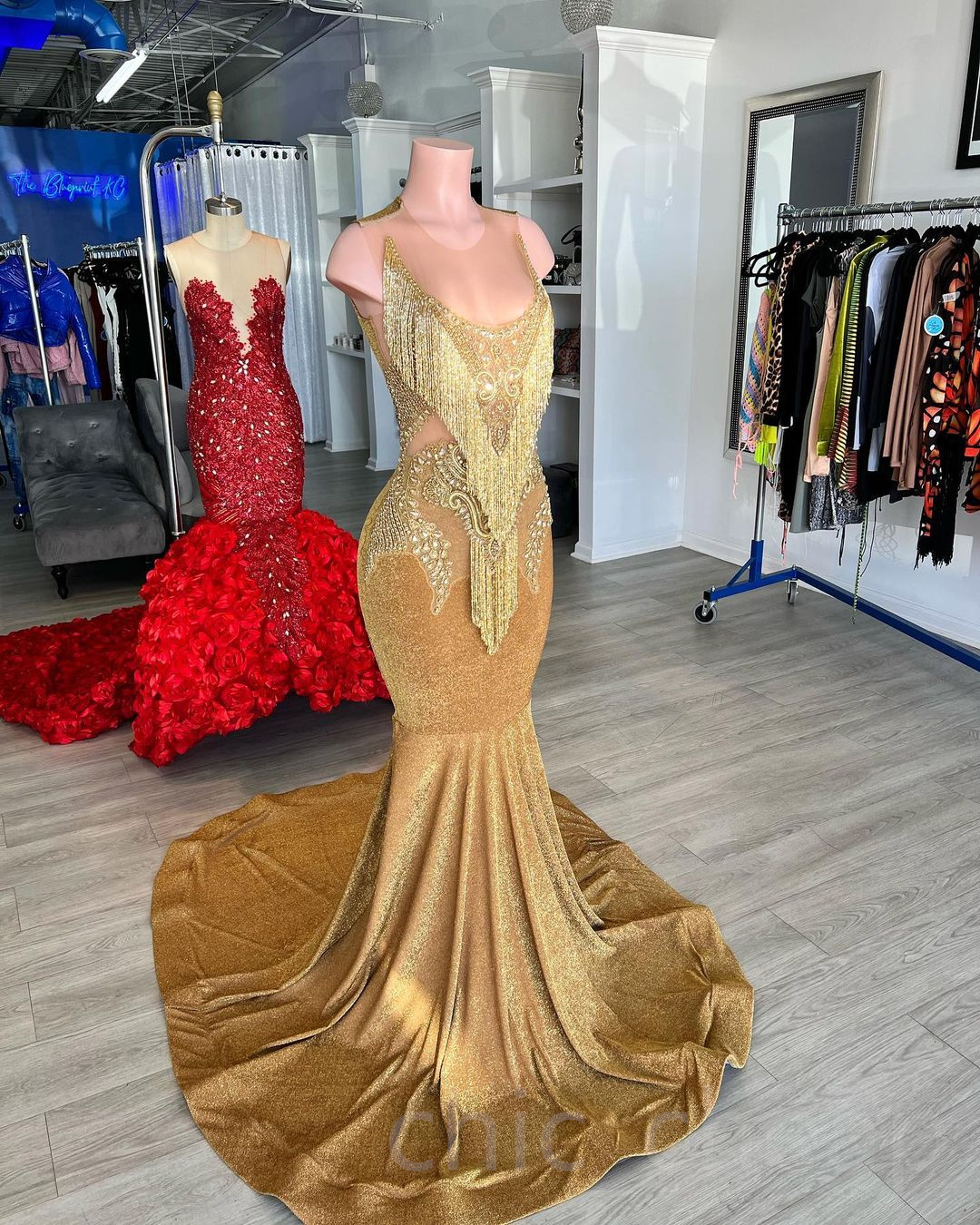 2023 Arabic Aso Ebi Gold Mermaid Prom Dress Beaded Crystals Sexy Evening Formal Party Second Reception Birthday Engagement Gowns Dresses Robe De Soiree ZJ244