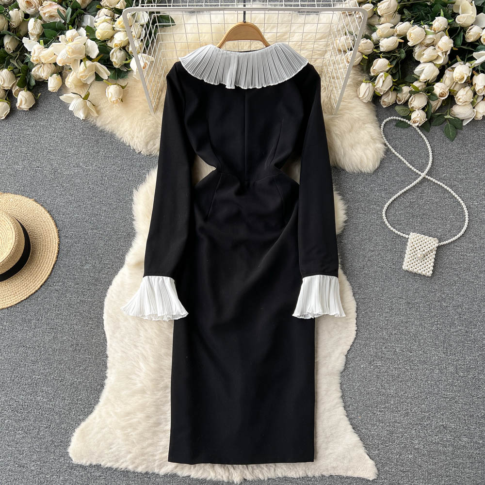 New Casual Dresses Vintage Spring Autumn Solid Slim Full Button Lady Dress A Line V Neck Chiffon Pullover Mid-Calf Women Dresses2023