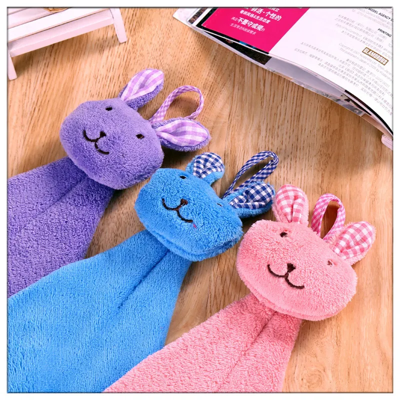 Wholesale Absorbent Hand Dry Towel Cartoon Animal Rabbit Soft Coral Fleece Hand Towels Kitchen Bathroom Hanging Wipe Towel