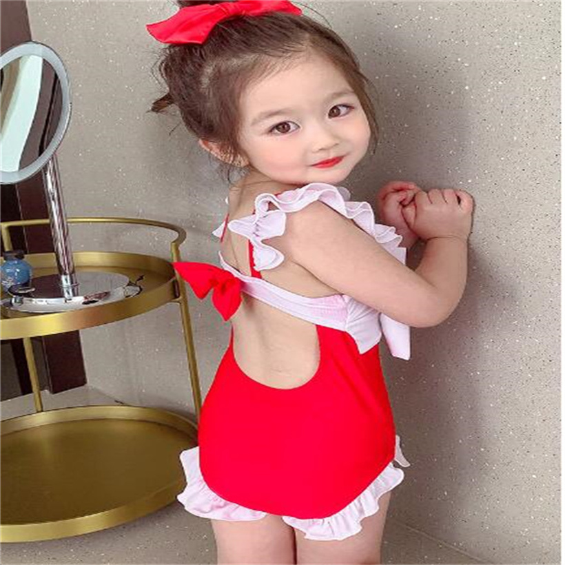 En iyi çocuk kızlar tek parça mayo yürümeye başlayan çocuk bikini sevimli kolsuz mayo bowknot chidren plaj giyim tulum yüzme kıyafetleri