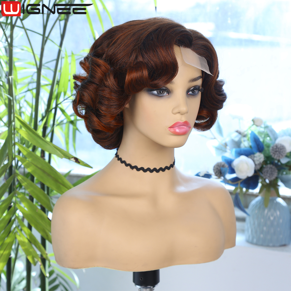 Wignee Body Wave Parrucca corta Colore marrone Parrucche di capelli sintetici le donne Parte laterale Parrucche In vendita Liquidazione Parrucca Cosplay Quotidiano Usefacto