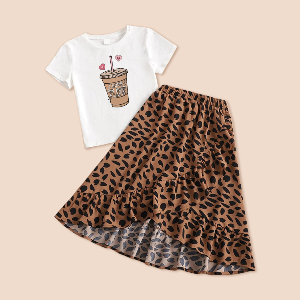 Summer Mom and daughter Leopard print lace-up ruffled skirt + T-shirt For Mommy and me clothes Mother and Daughter family look