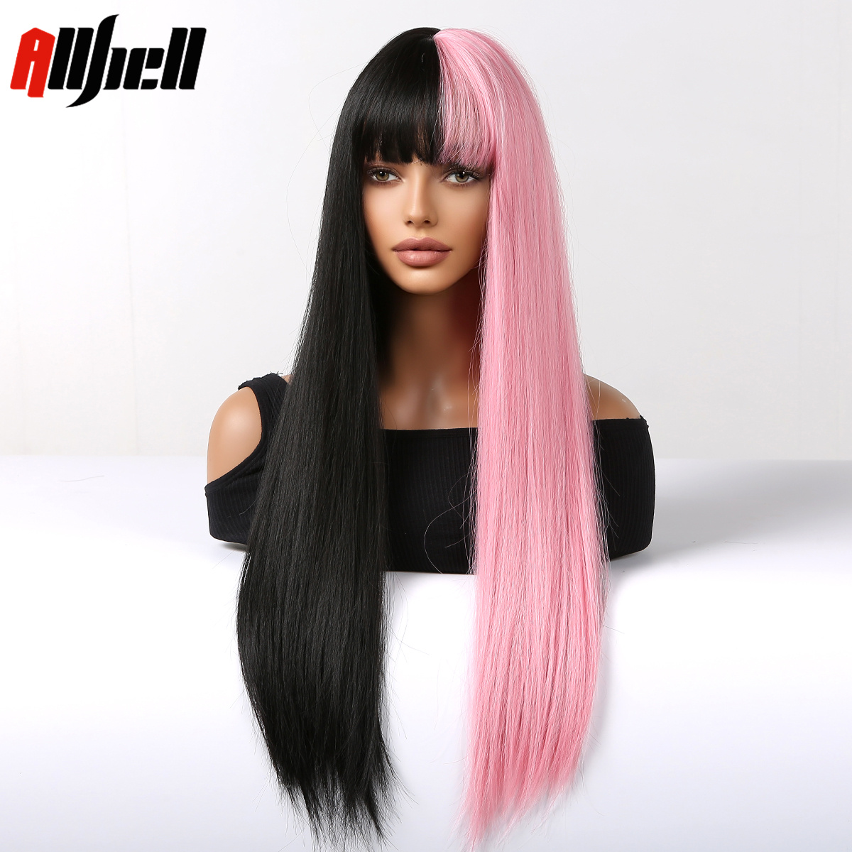 Black Pink Synthetic Wigs with Bangs for Women Long Straight Bicolor Christmas Cosplay Wig Natural Hair Heat Resistant Party Use