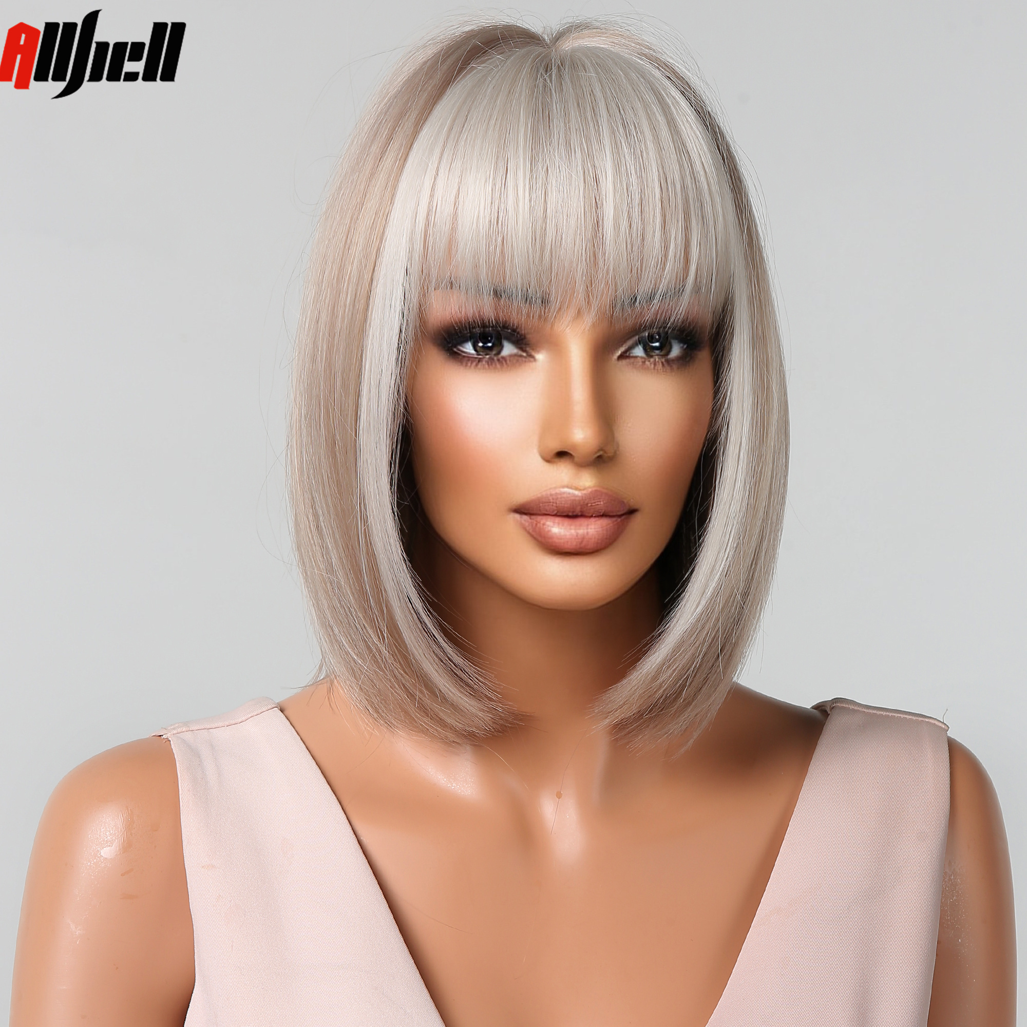 Light Brown Bob Synthetic Wigs with Platinum Blonde Bangs Short Straight Lolita Wig Hair for Women Cosplay Use Heat Resistantfac