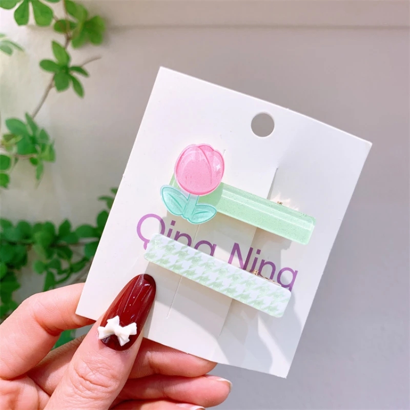 2023 Summer New Korean Fashion Children's Checker Duckbill Clip Sweet Girl Simple Small Fresh Acrylic Flower Hairpin Hair Accessories