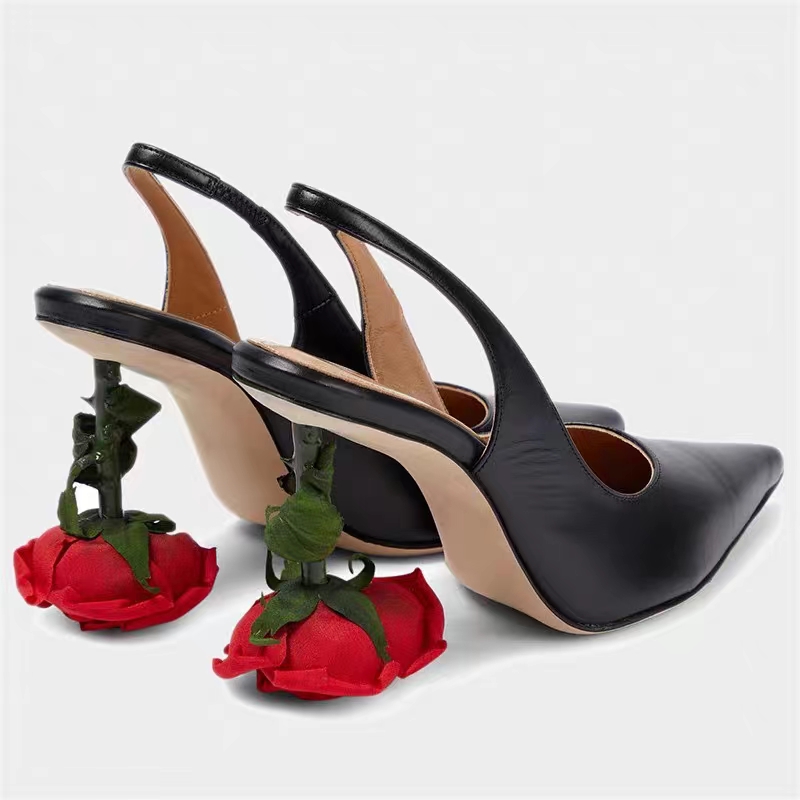 2023 Summer Genuine Leather High Heels Women's Decor Flower Stiletto Sandals Banquet Pumps Elastic Straps Banquet Shoes