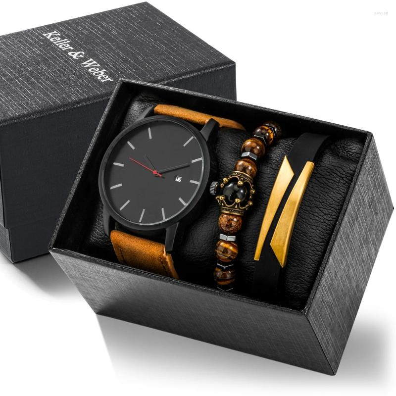 Wristwatches Leisure Watch With Calendar Dial Men's Quartz Leather Brown Elastic Bead Bracelet Birthday Gift Set Box To Friends Brother