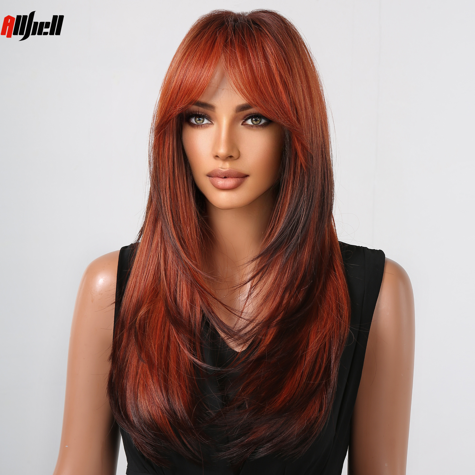 Red Brown Cosplay Long Layered Synthetic Wig with Bangs Brown Highlight Straight Hair Copper Ginger for Women Wig Heat Resistant