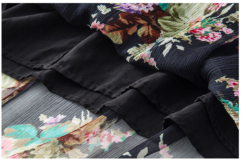 2023 Summer Black Floral Print Ribbon Tie Bow Silk Dress 3/4 Sleeve con scollo a V con pannelli Midi Abiti casual C3A250170