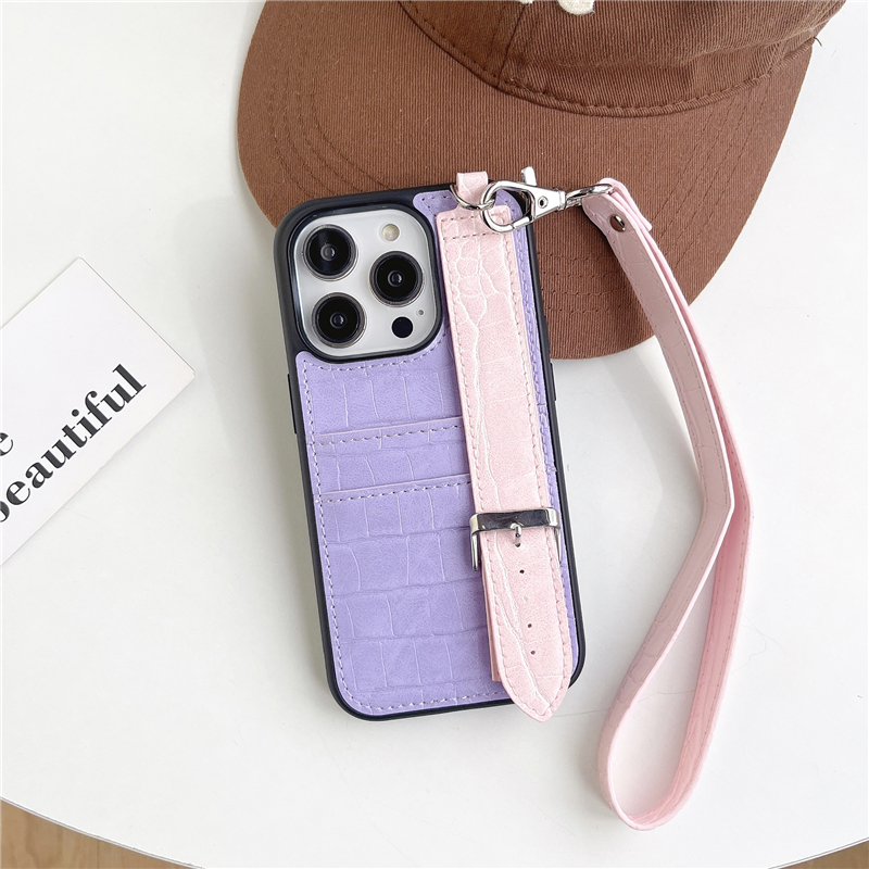 Wristband Crocodile Pattern Leather Vogue Phone Case for iPhone 14 13 12 Pro Max Durable Rope Alligator Grain Bracket Back Cover Shockproof