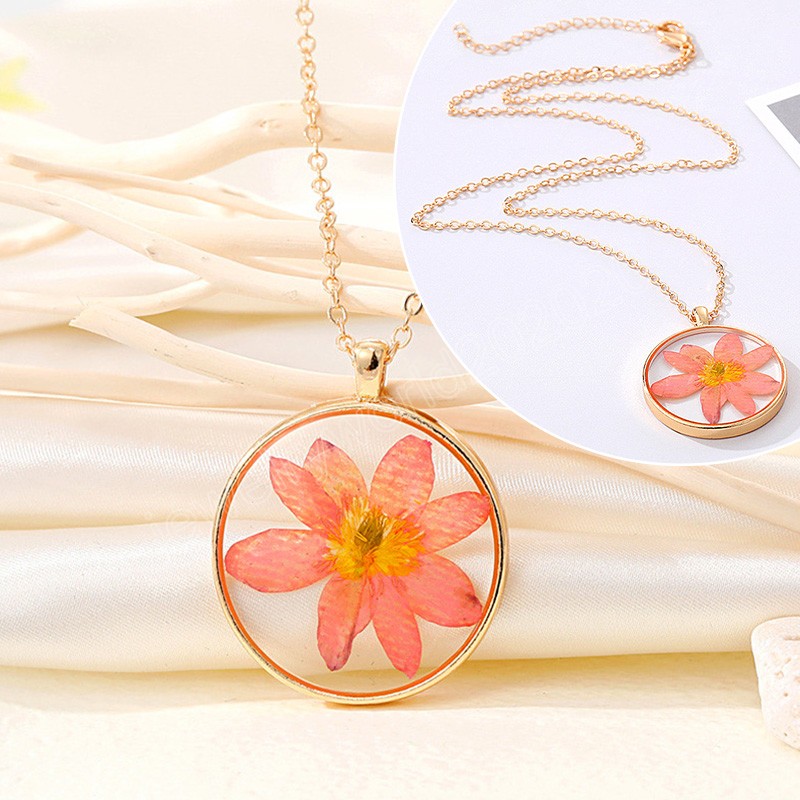 Colliers pendentif fleur séchée naturelle pour femmes boule de verre en résine transparente véritable fleur sèche colliers ronds bijoux