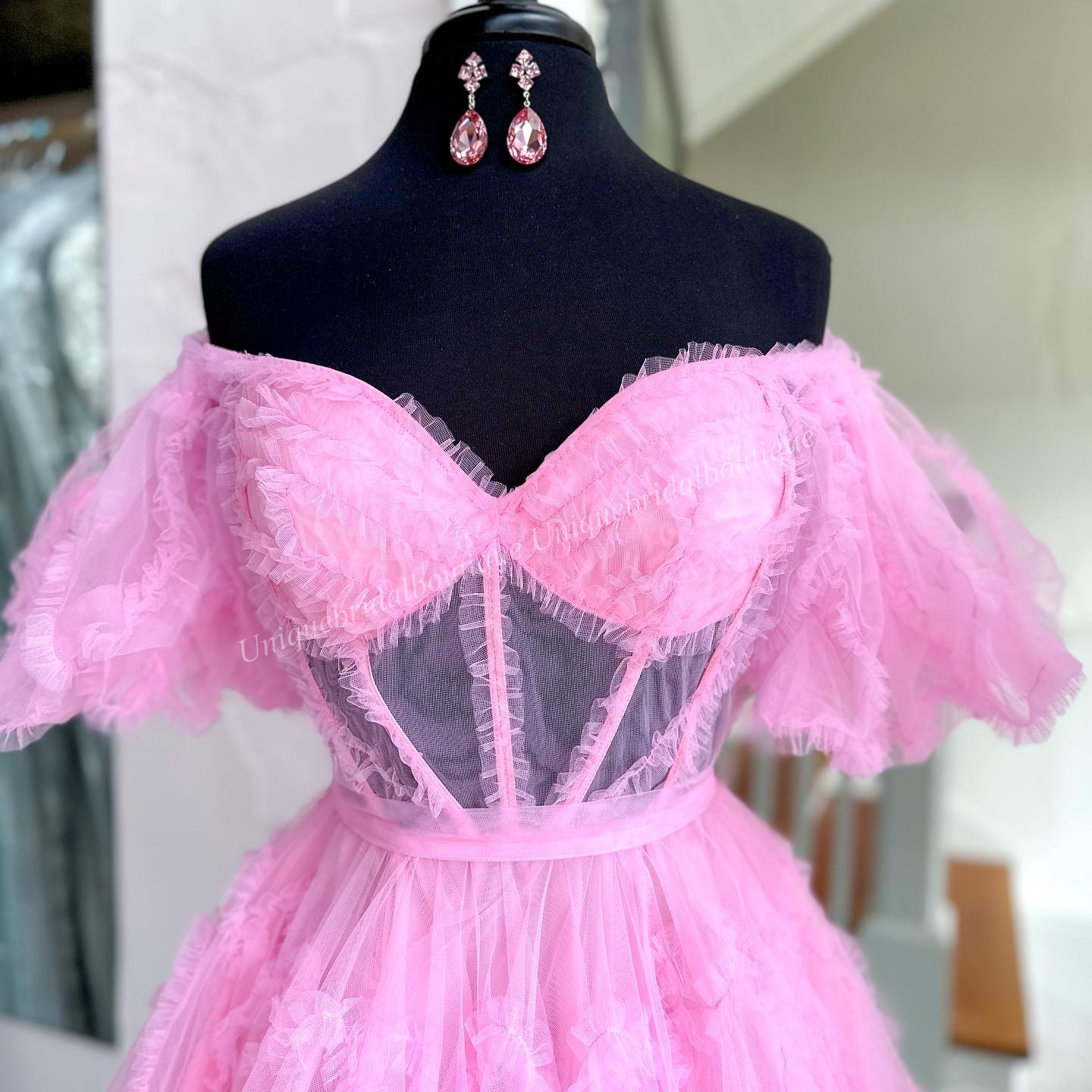 Robe de bal rose 2k23 courte Hoco à volants manches ballon Corset transparent Drame Graduation Cocktail Invité de mariage Club de vacances Black-Tie Gala Bleu clair