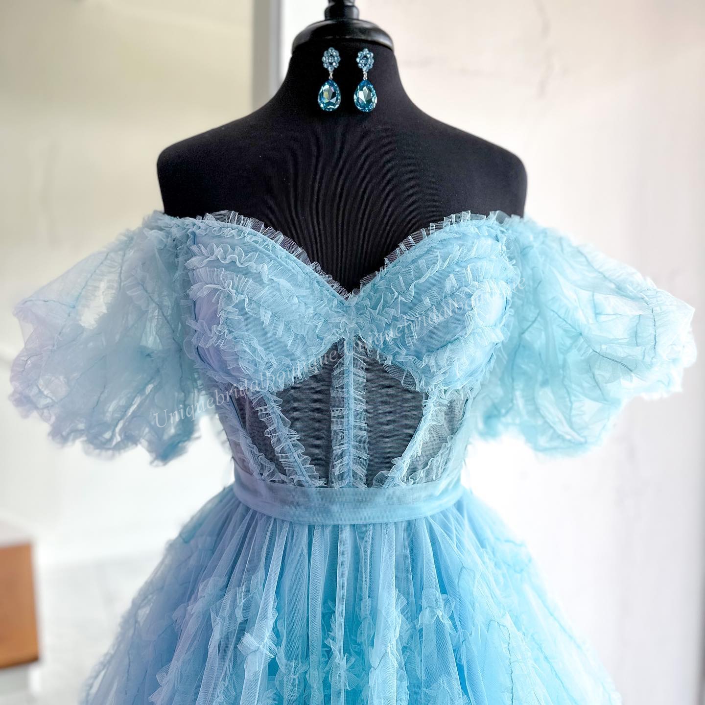 Roze thuiskomstjurk 2K23 Korte hoco Ruffed Ballon Mouws Sheer Corset Drama Afstudeer Cocktail Party Wedding Guest Holiday Club Black-Tie Gala Light Blue