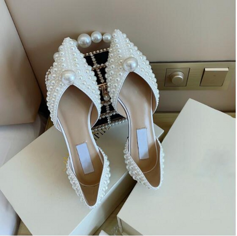 Perles blanches chaussures plates douces femmes mode bout pointu dame sans lacet perles chaussures simples chaussures plates pour femme