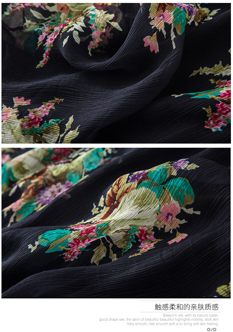 2023 Summer Black Floral Print Ribbon Tie Bow Silk Dress 3/4 Sleeve con scollo a V con pannelli Midi Abiti casual C3A250170