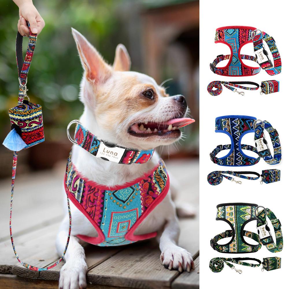 Set 4 pz/lotto Collare di Cane In Nylon Guinzaglio Imbracatura Borsa Cacca Set Collare di Cane Personalizzato Inciso Gratuito Imbracatura di Maglia Traspirante Forniture Animali Domestici