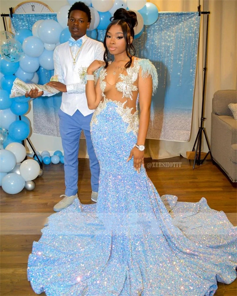 Sparkly Sky Blue Mermaid Prom Dress 2023 For Black Girls Mesh Glitter Sequins Beads Rhinestone Feathers Birthday Party Gown Robe