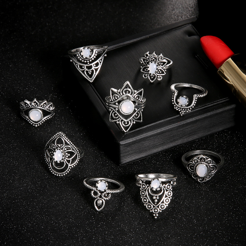 9 -stcs/ set ringen voor vrouwen zilveren kleur witte edelsteen punk bohemia stijl kroon ster metaal Halloween vintage damesring