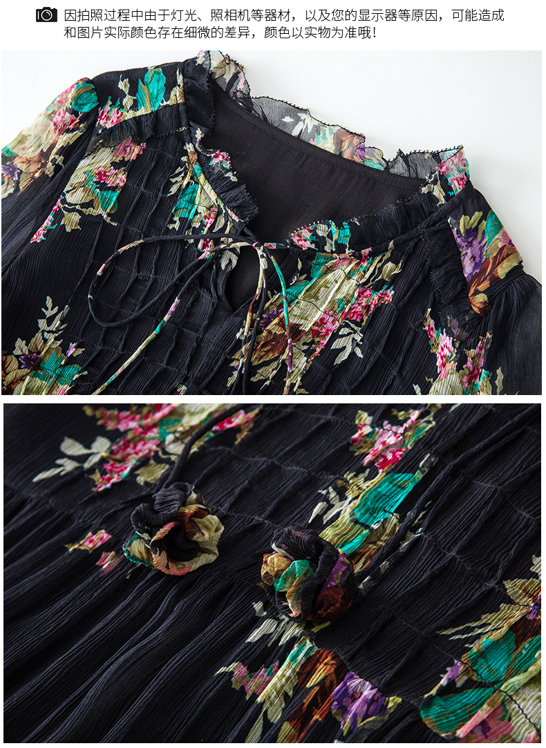 2023 Summer Black Floral Print Ribbon Tie Bow Silk Dress 3/4 Sleeve con scollo a V con pannelli Midi Abiti casual C3A250170