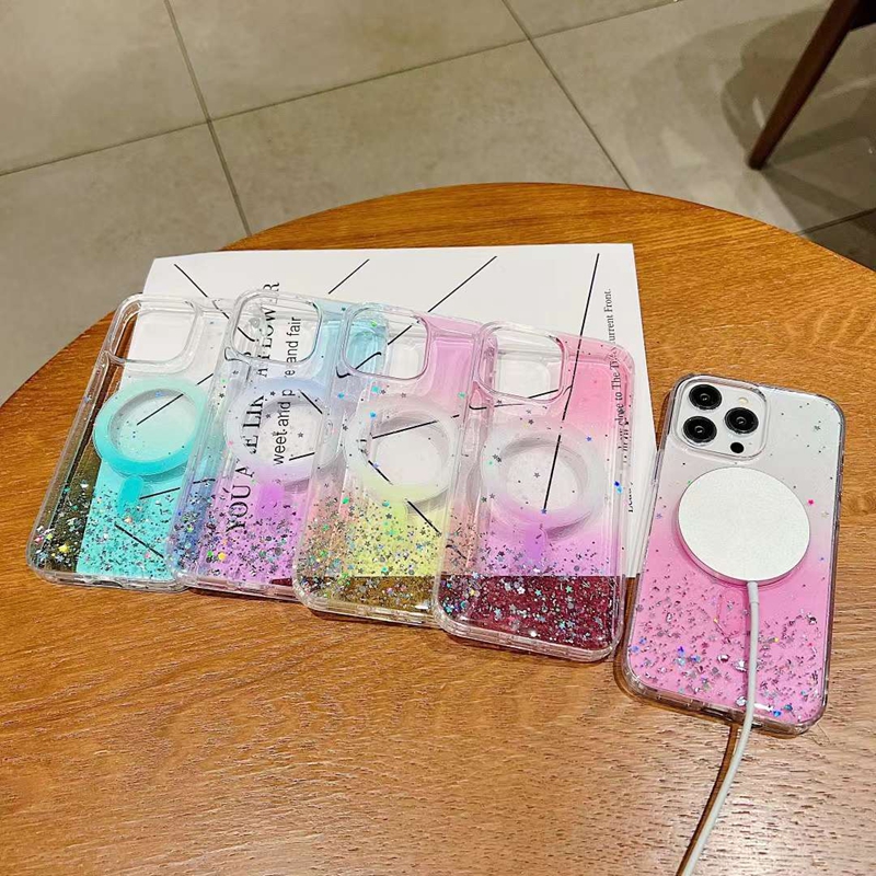 S23 Cases Magnet Wireless Charging For Iphone 14 Plus 13 Pro Max 12 11 Samsung S22 Ultra Bling Gradient Hard Arcylic PC TPU Confetti Sequins Clear Magnetic Cover Skin