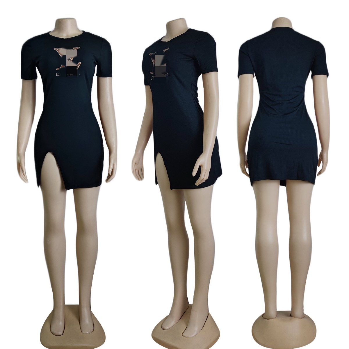 2023 Summer Split Bodycon Dress Women Sexy Short Sleevel Mini Dresses Clubwear Free Ship