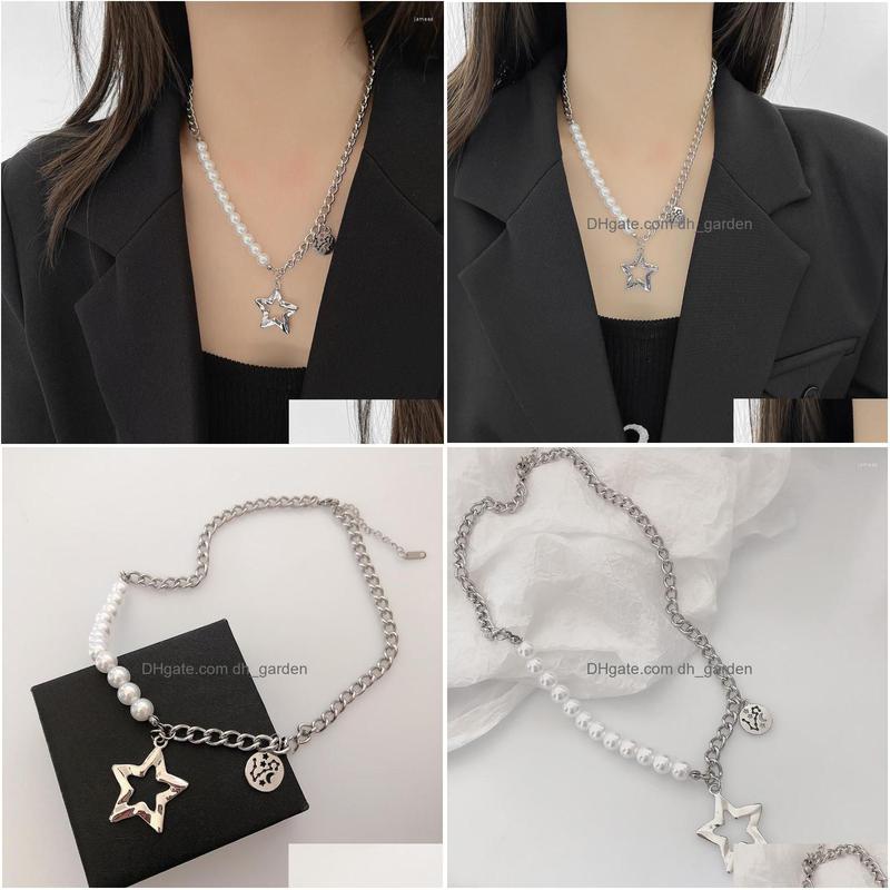 chains artificial pearlwork chain necklace for women stars pendant necklaces female trend neck silver color fashion party gift