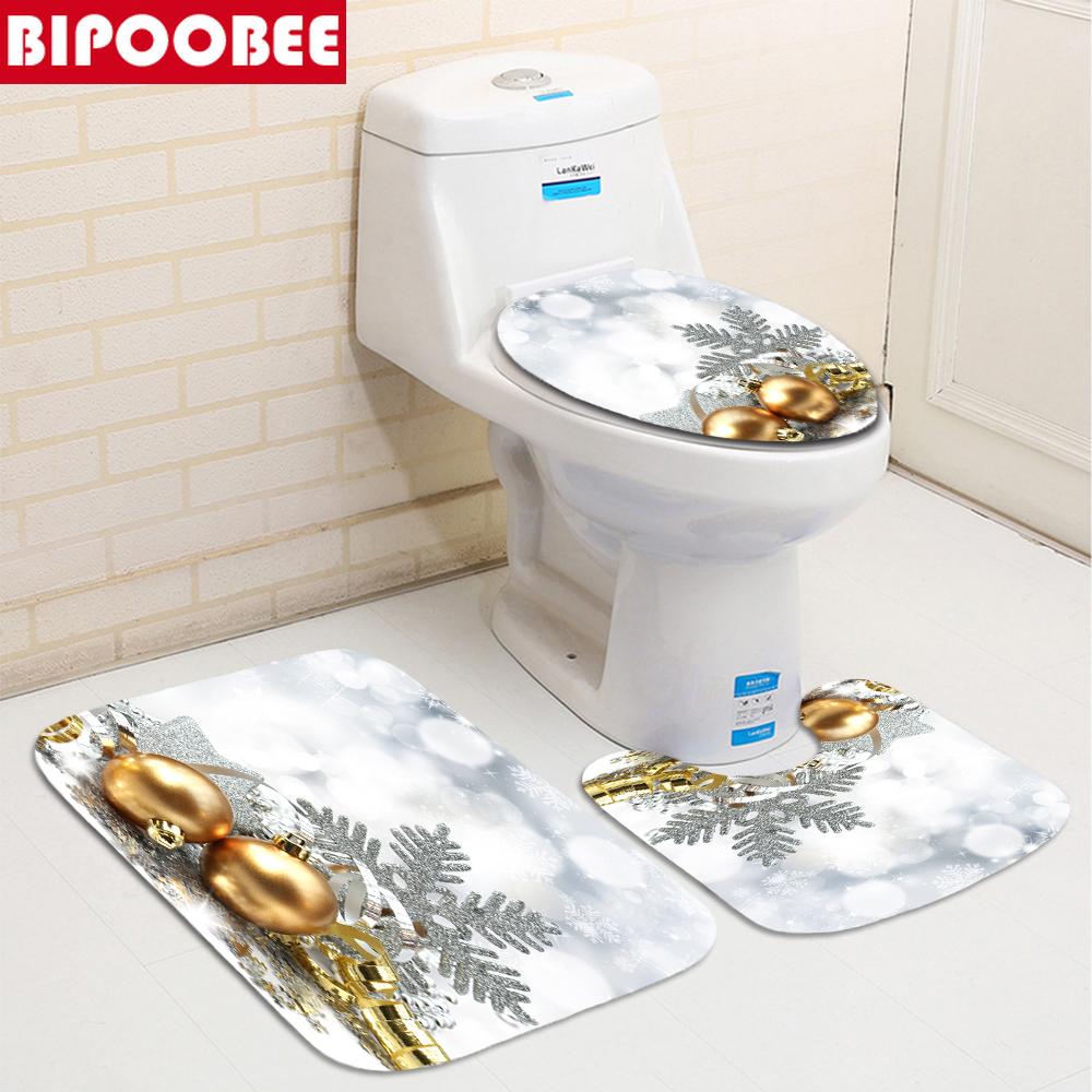 Rideaux Nouveau joyeux noël salle de bain rideaux de douche cloche d'or flocon de neige Festival décor couvercle de toilette tapis de bain tapis antidérapant